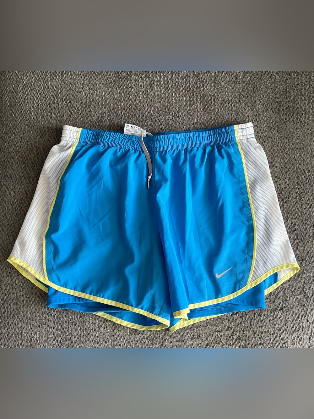 Nike Dri-Fit Women's Bright Blue Running Shorts with Yellow Trim - Picture 1 of 5